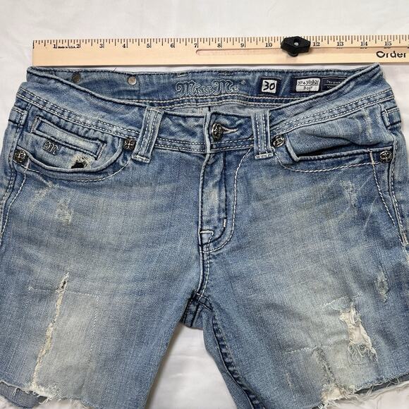 Miss Me Shorts Size 30 Blue Boot Cutoff Distressed Embellished Fleur-De-Lis Logo - Picture 5 of 11